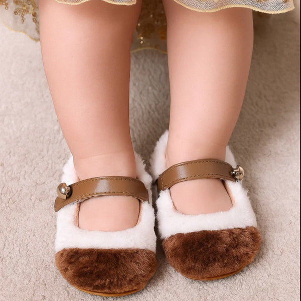 Baby Unisex Fur Colorblock Velcro Booties (White & Brown) - BT5151
