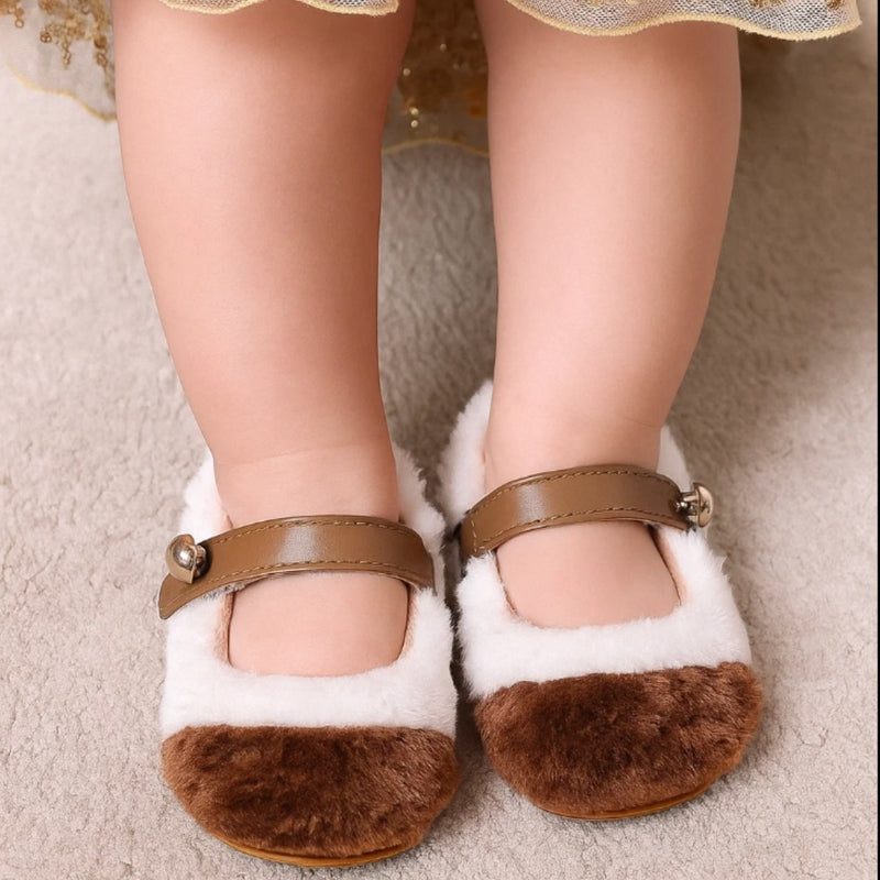 Baby Unisex Fur Colorblock Velcro Booties (White & Brown) - BT5151