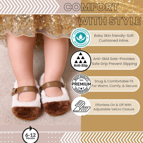 Baby Unisex Fur Colorblock Velcro Booties (White & Brown) - BT5151