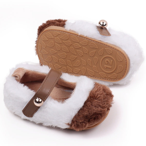 Baby Unisex Fur Colorblock Velcro Booties (White & Brown) - BT5151