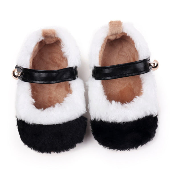 Baby Unisex Fur Colorblock Velcro Booties (White,Black)-BT5152