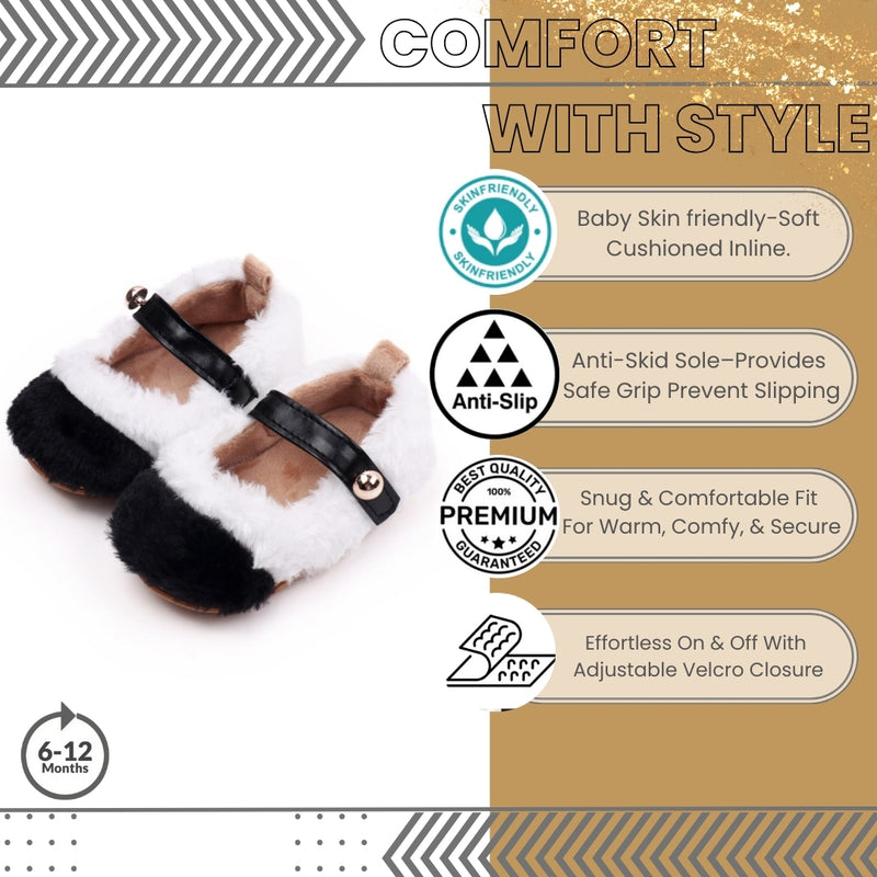Baby Unisex Fur Colorblock Velcro Booties (White,Black)-BT5152