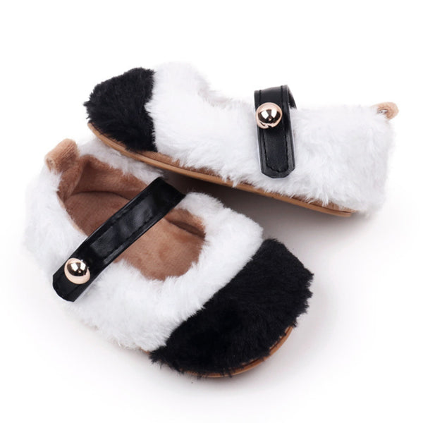 Baby Unisex Fur Colorblock Velcro Booties (White,Black)-BT5152