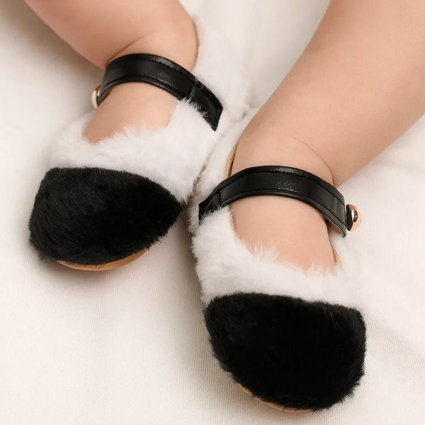 Baby Unisex Fur Colorblock Velcro Booties (White,Black)-BT5152