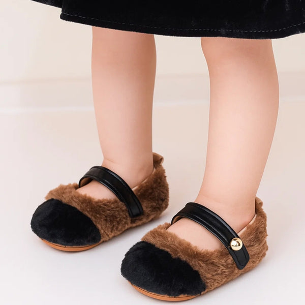 Baby Unisex Fur Colorblock Velcro Booties (Brown,Black)-BT5153