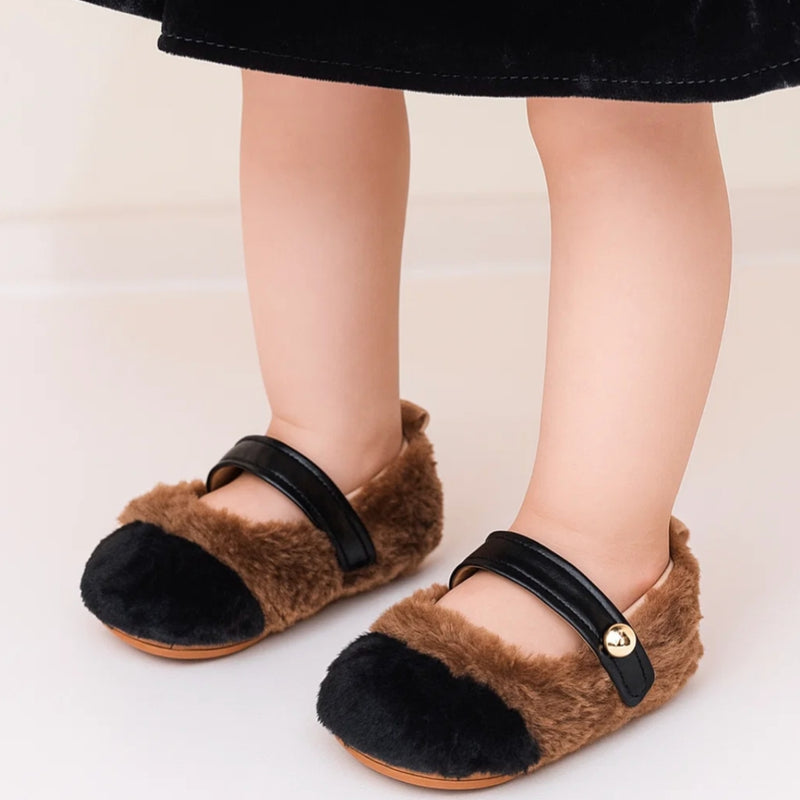 Baby Unisex Fur Colorblock Velcro Booties (Brown,Black)-BT5153
