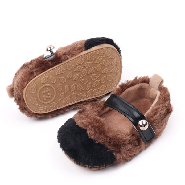 Baby Unisex Fur Colorblock Velcro Booties (Brown,Black)-BT5153
