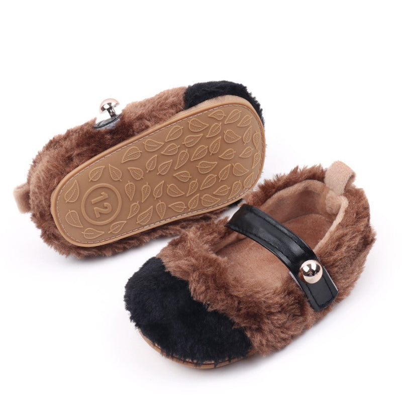 Baby Unisex Fur Colorblock Velcro Booties (Brown,Black)-BT5153