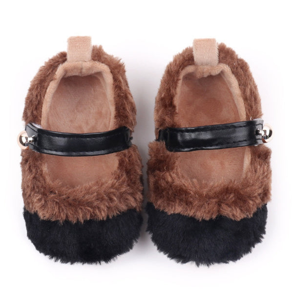 Baby Unisex Fur Colorblock Velcro Booties (Brown,Black)-BT5153