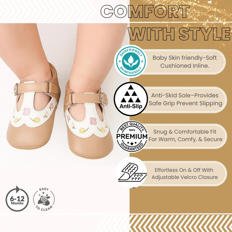 Baby Unisex Synthetic Floral Velcro Booties (Brown)-BT5158