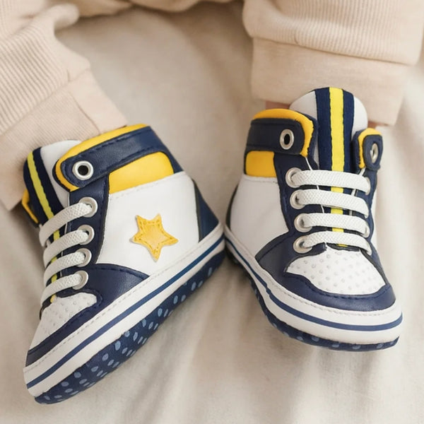 Baby Unisex Synthetic Colorblock Lace-Up Booties (White,Navy Blue)-BT5164