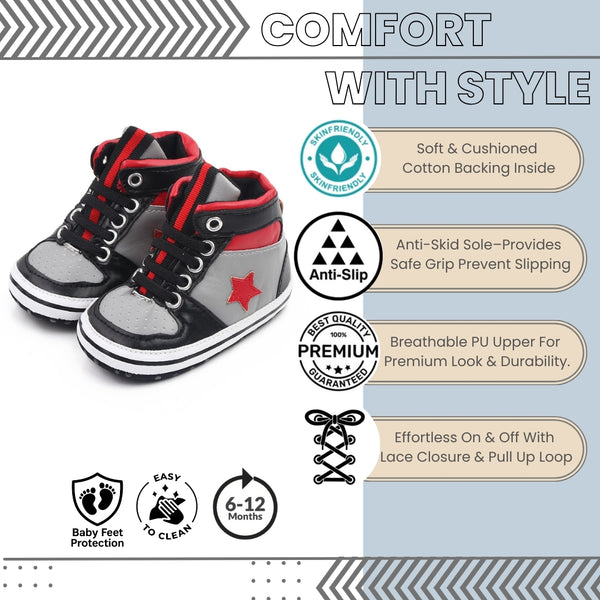 Baby Unisex Synthetic Colorblock Lace-Up Booties (Grey,Black)-BT5165