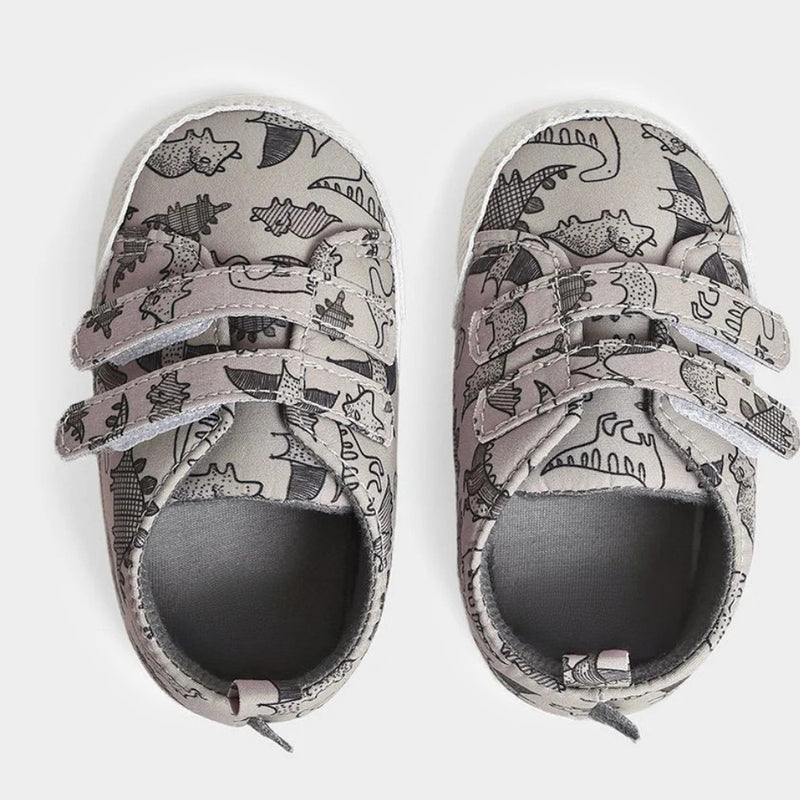 Baby Unisex Anti-Skid Dinosaur Canvas Double Velcro Shoe Booties (Grey)-BT5175