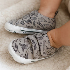 Baby Unisex Anti-Skid Dinosaur Canvas Double Velcro Shoe Booties (Grey)-BT5175