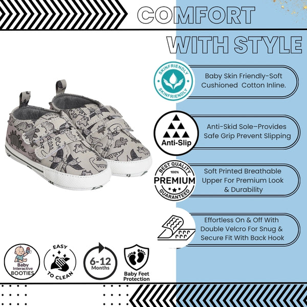 Baby Unisex Anti-Skid Dinosaur Canvas Double Velcro Shoe Booties (Grey)-BT5175