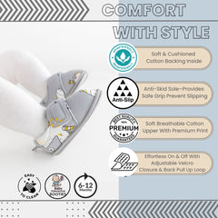 Baby Unisex Cotton Printed Velcro Booties (Grey)-BT5178