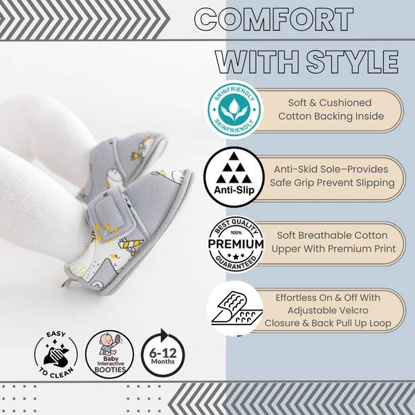 Baby Unisex Cotton Printed Velcro Booties (Grey)-BT5178