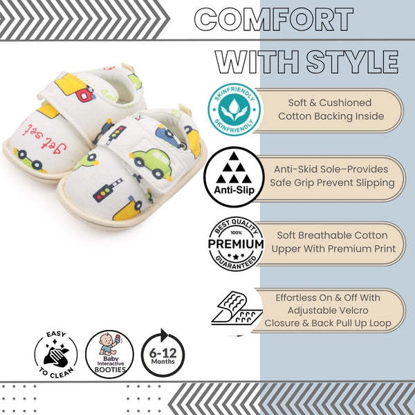 Baby Unisex Cotton Printed Velcro Booties (Cream)-BT5180