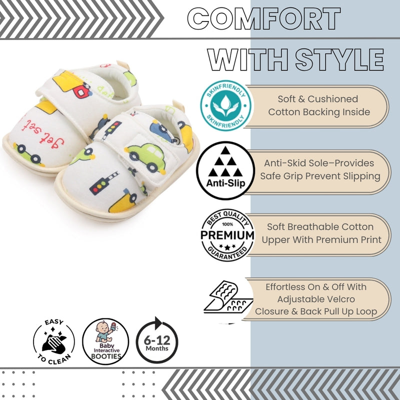 Baby Unisex Cotton Printed Velcro Booties (Cream)-BT5180