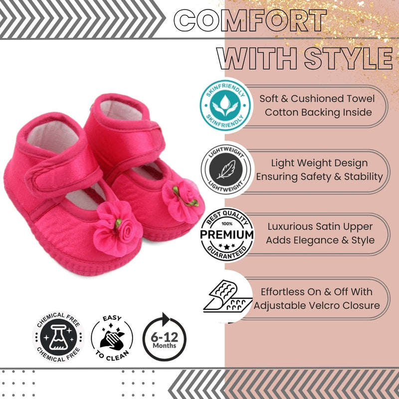6 To 12 Months Baby Girls Satin Floral Sandal/Booties (Rani)-BT5206