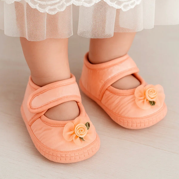 6 To 12 Months Baby Girls Satin Floral Sandal/Booties (Orange)-BT5207