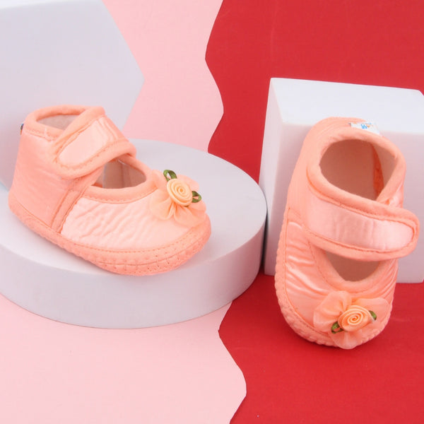 6 To 12 Months Baby Girls Satin Floral Sandal/Booties (Orange)-BT5207