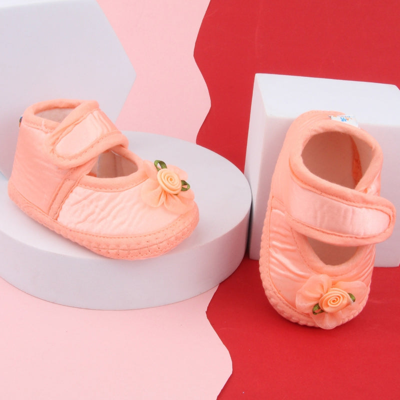 6 To 12 Months Baby Girls Satin Floral Sandal/Booties (Orange)-BT5207