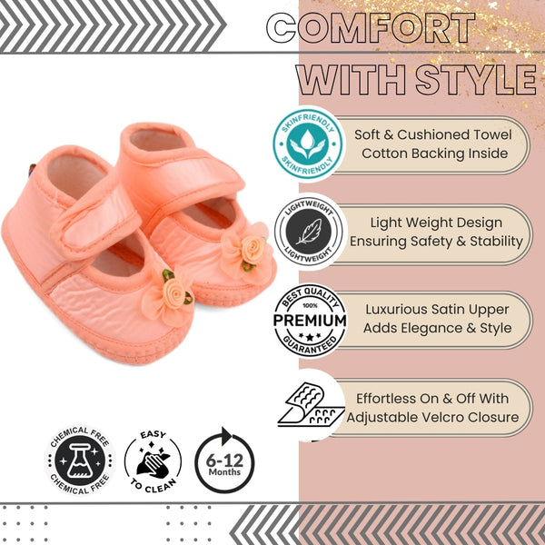 6 To 12 Months Baby Girls Satin Floral Sandal/Booties (Orange)-BT5207