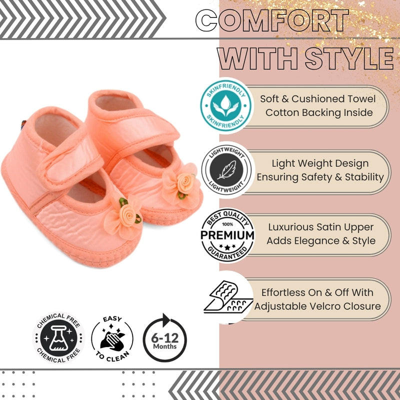 6 To 12 Months Baby Girls Satin Floral Sandal/Booties (Orange)-BT5207
