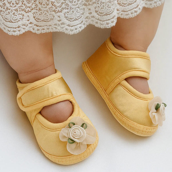 6 To 12 Months Baby Girls Satin Floral Sandal/Booties (Yellow)-BT5208