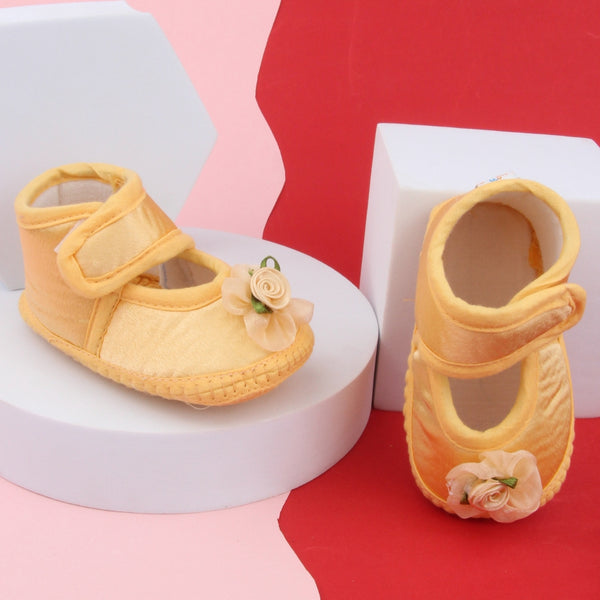 6 To 12 Months Baby Girls Satin Floral Sandal/Booties (Yellow)-BT5208