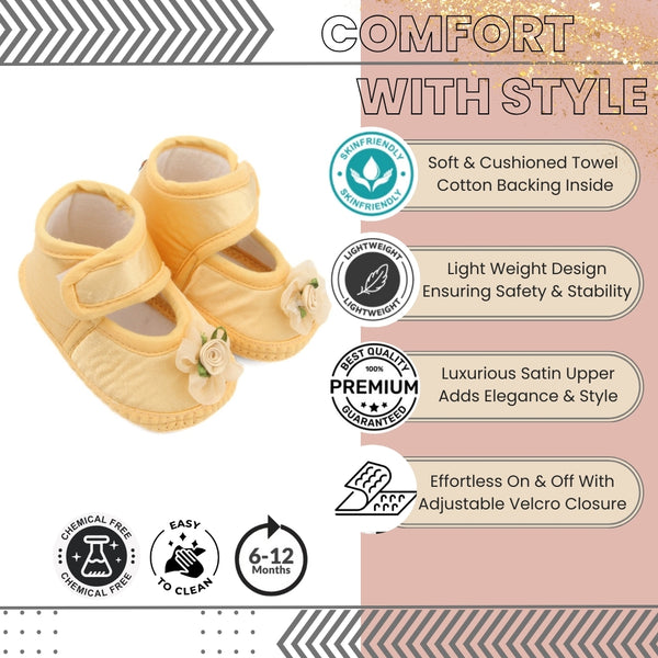 6 To 12 Months Baby Girls Satin Floral Sandal/Booties (Yellow)-BT5208