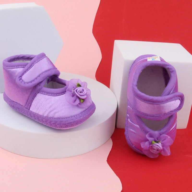 6 To 12 Months Baby Girls Satin Floral Sandal/Booties (Purple)-BT5209