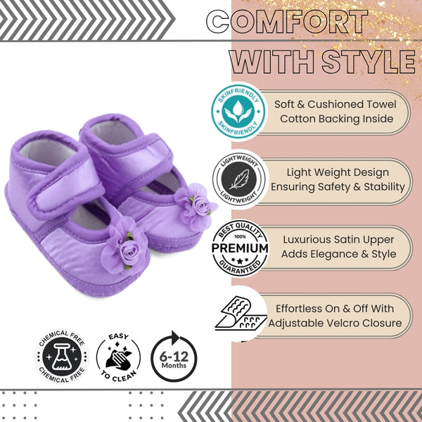 6 To 12 Months Baby Girls Satin Floral Sandal/Booties (Purple)-BT5209
