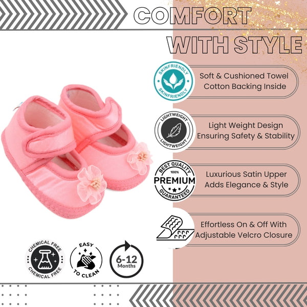 6 To 12 Months Baby Girls Satin Floral Sandal/Booties (Light Pink)-BT5210