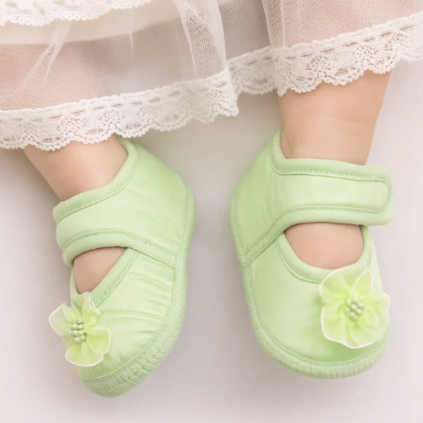 6 To 12 Months Baby Girls Satin Floral Sandal/Booties (Green)-BT5211