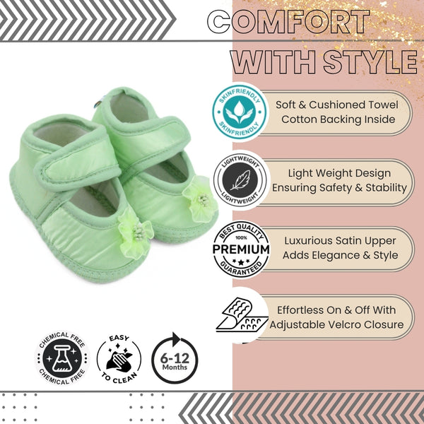6 To 12 Months Baby Girls Satin Floral Sandal/Booties (Green)-BT5211