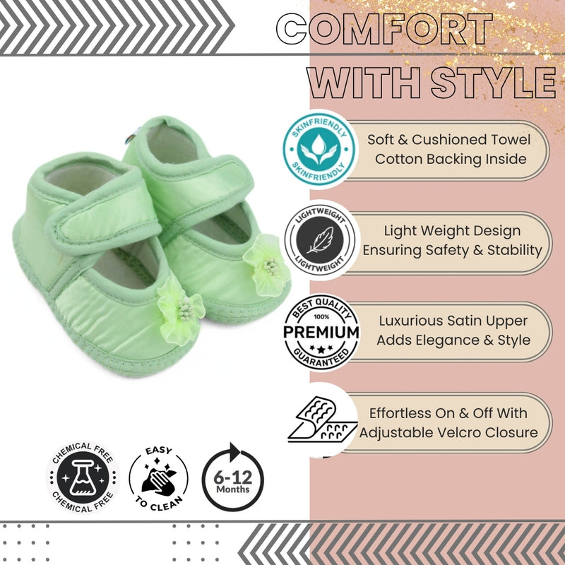 6 To 12 Months Baby Girls Satin Floral Sandal/Booties (Green)-BT5211