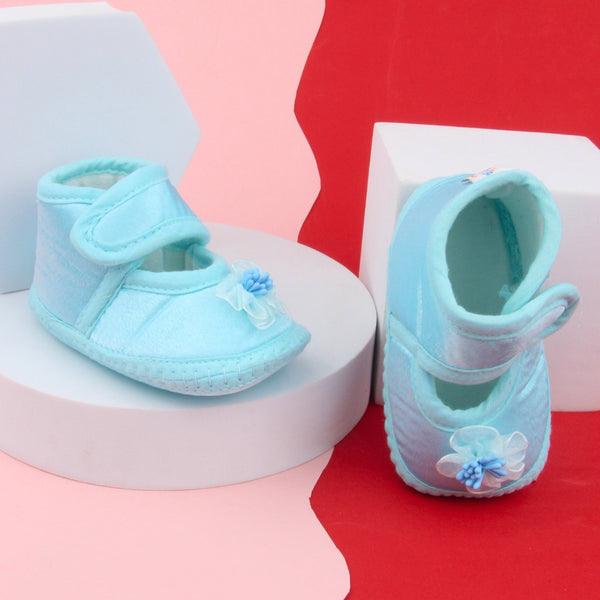 6 To 12 Months Baby Girls Satin Floral Sandal/Booties (Sky Blue)-BT5212