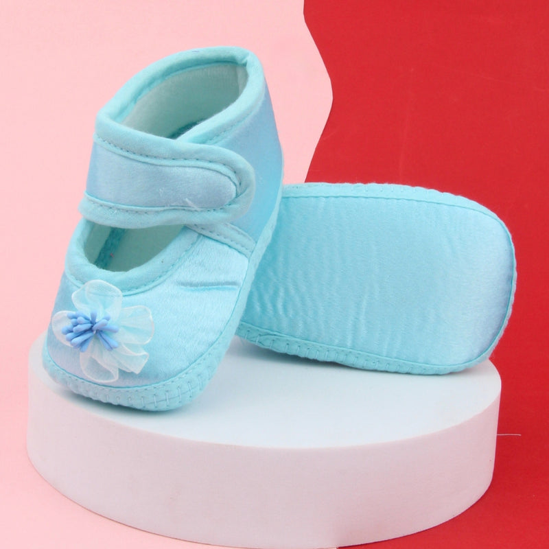 6 To 12 Months Baby Girls Satin Floral Sandal/Booties (Sky Blue)-BT5212