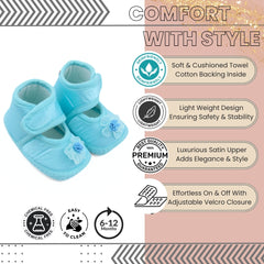 6 To 12 Months Baby Girls Satin Floral Sandal/Booties (Sky Blue)-BT5212