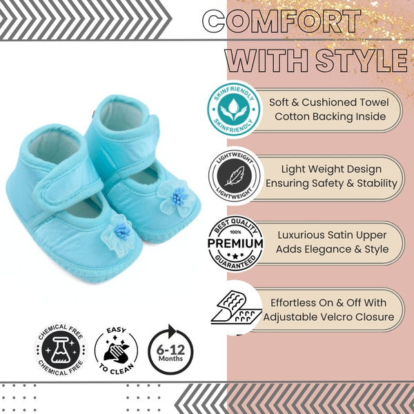 6 To 12 Months Baby Girls Satin Floral Sandal/Booties (Sky Blue)-BT5212