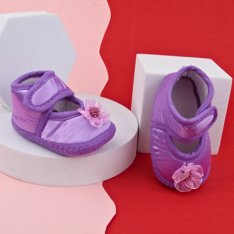 6 To 12 Months Baby Girls Satin Floral Sandal/Booties (Purple)-BT5214
