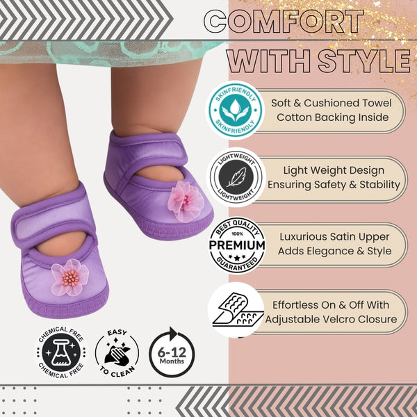6 To 12 Months Baby Girls Satin Floral Sandal/Booties (Purple)-BT5214