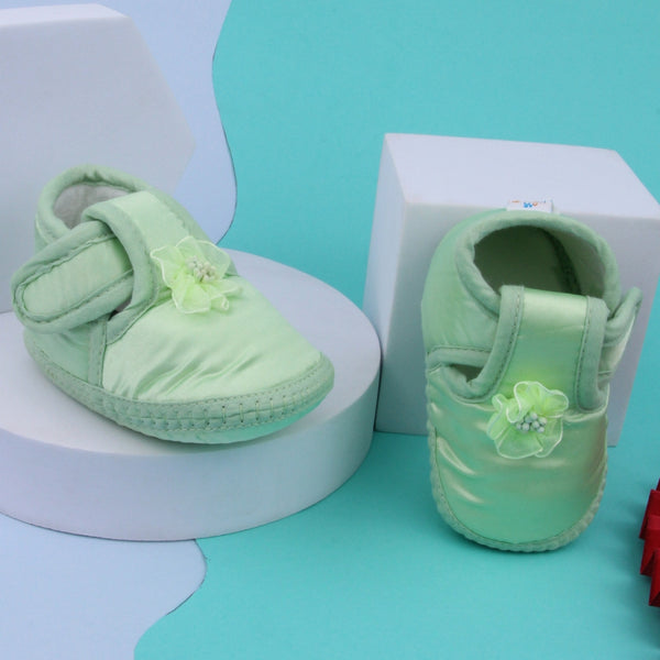 6 To 12 Months Baby Girls Satin Floral Booties (Green)-BT5216