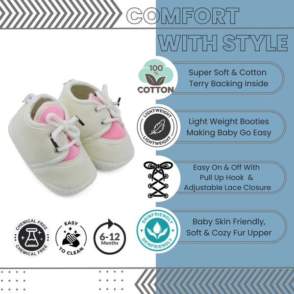 6 To 12 Months Baby Boys & Baby Girls Cute Soft Velvet Pre-Walker Lace Booties (off White,Pink)-BT5221
