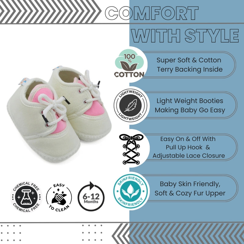 6 To 12 Months Baby Boys & Baby Girls Cute Soft Velvet Pre-Walker Lace Booties (off White,Pink)-BT5221