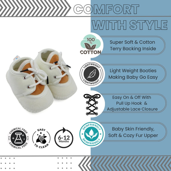 6 To 12 Months Baby Boys & Baby Girls Cute Soft Velvet Pre-Walker Lace Booties (off White,Brown)-BT5222
