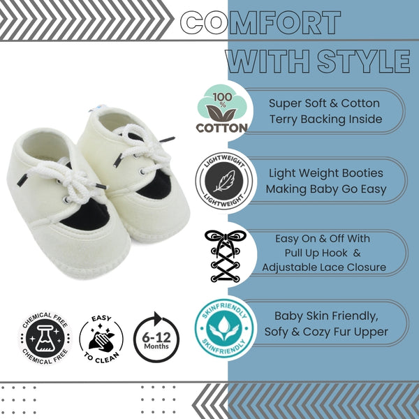 6 To 12 Months Baby Boys & Baby Girls Cute Soft Velvet Pre-Walker Lace Booties (off White,Black)-BT5223