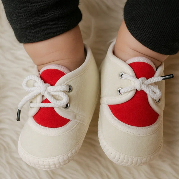 6 To 12 Months Baby Boys & Baby Girls Cute Soft Velvet Pre-Walker Lace Booties (off White,Red)-BT5224